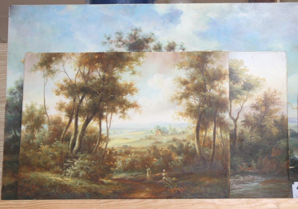 Ernest Mugin, three oils on panel, Rustic landscapes, signed, 40 x 60cm, pair 30 x 40cm